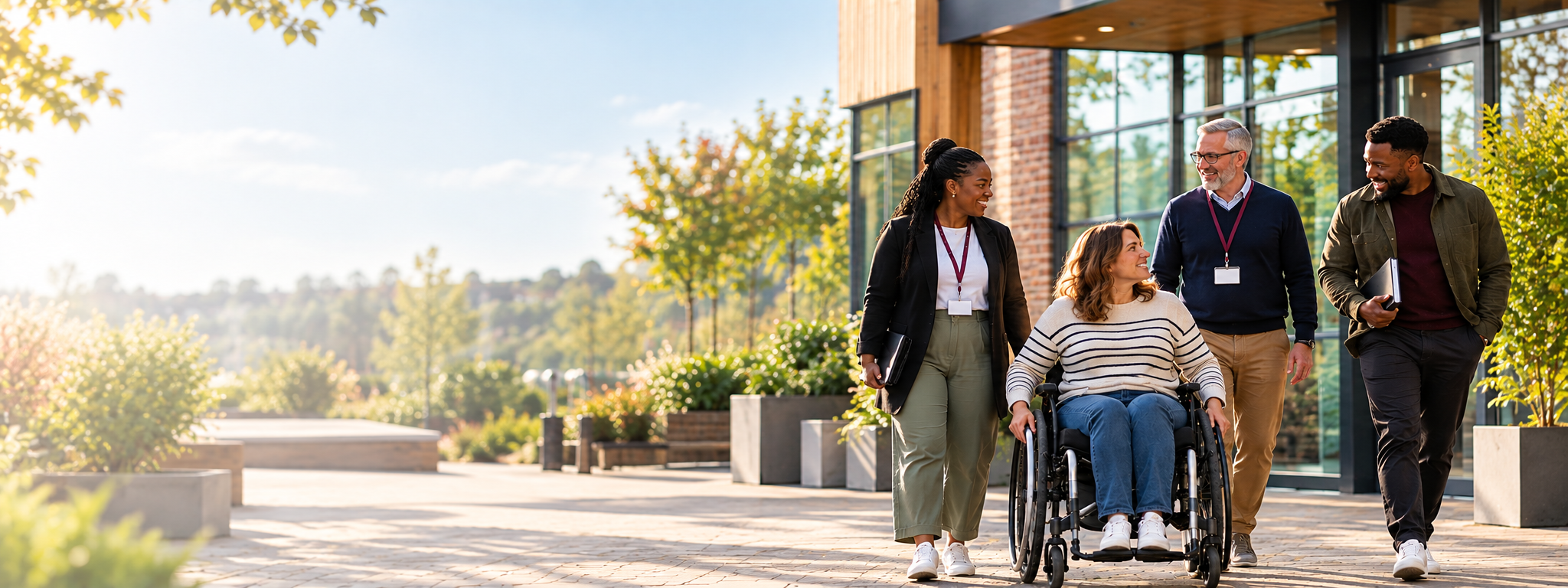 A community support team walking alongside a woman who uses a wheelchair