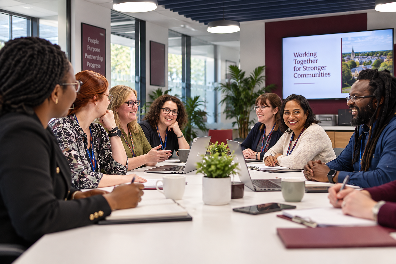 A diverse team collaborating in a meeting room