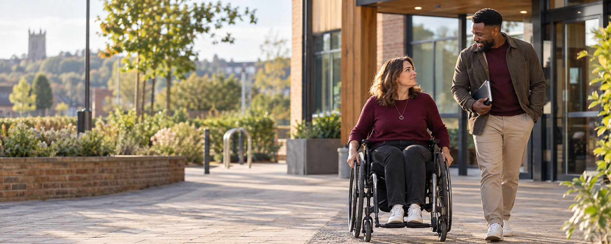 A woman who uses a wheelchair speaking with a community support worker outdoors